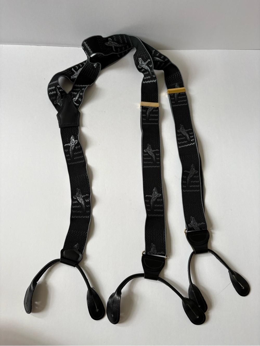 CAS Silk Y-Back Suspenders Black Grey Brass Leather Tabs Made in Germany Bird